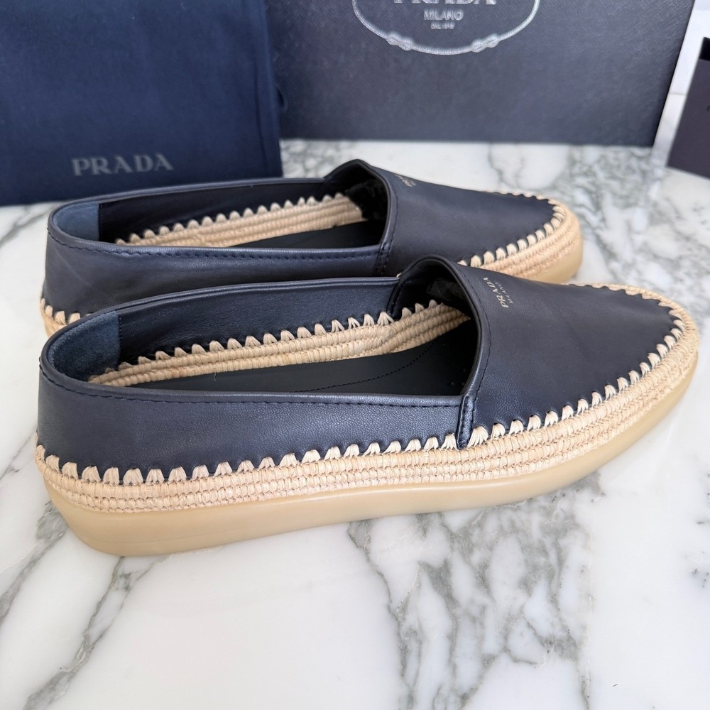 Prada Nappa Leather Mens Loafers Blue Espadrille Rope Trim SlipOn 2DG156 US8 - Picture 6 of 14